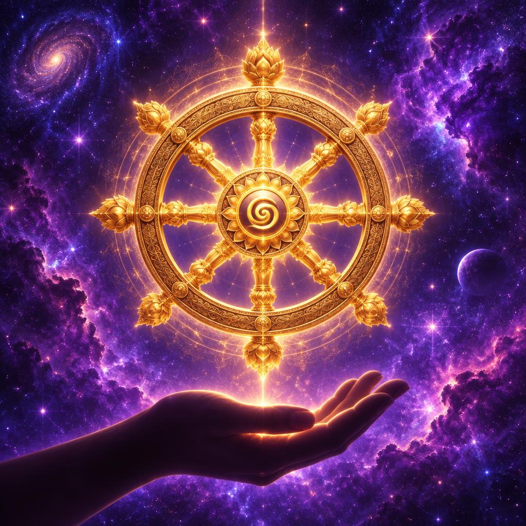 A glowing golden wheel of karma floating above an open palm in a violet cosmos