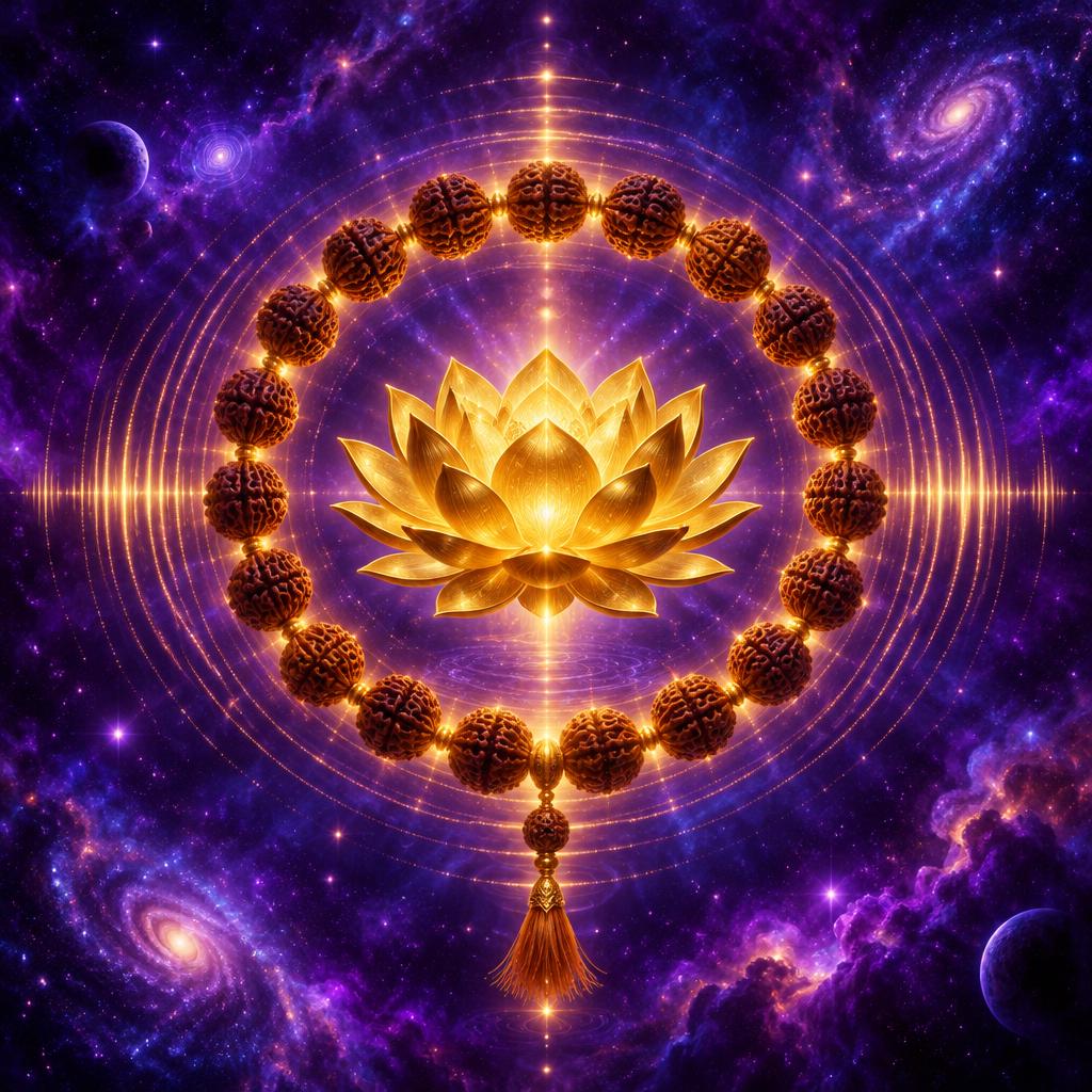 A golden lotus ringed by glowing rudraksha mala beads in a purple cosmos