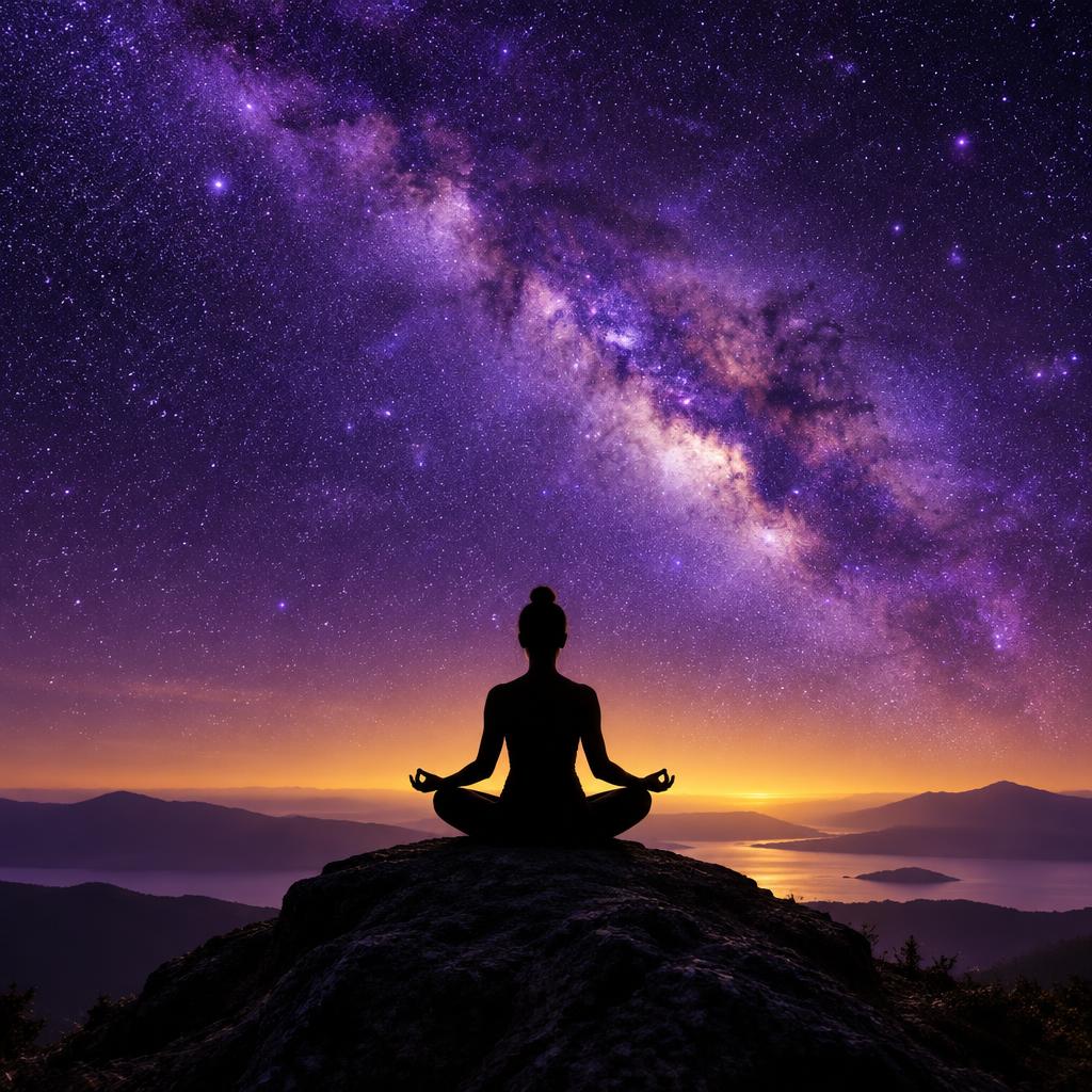 A meditator in lotus position beneath a vast purple and violet starry sky