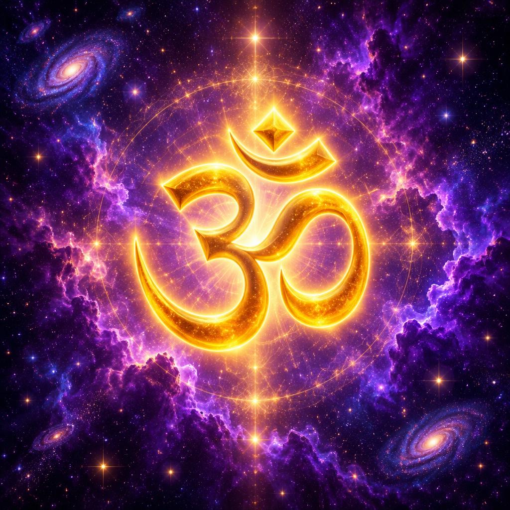 Glowing Om symbol in the cosmos