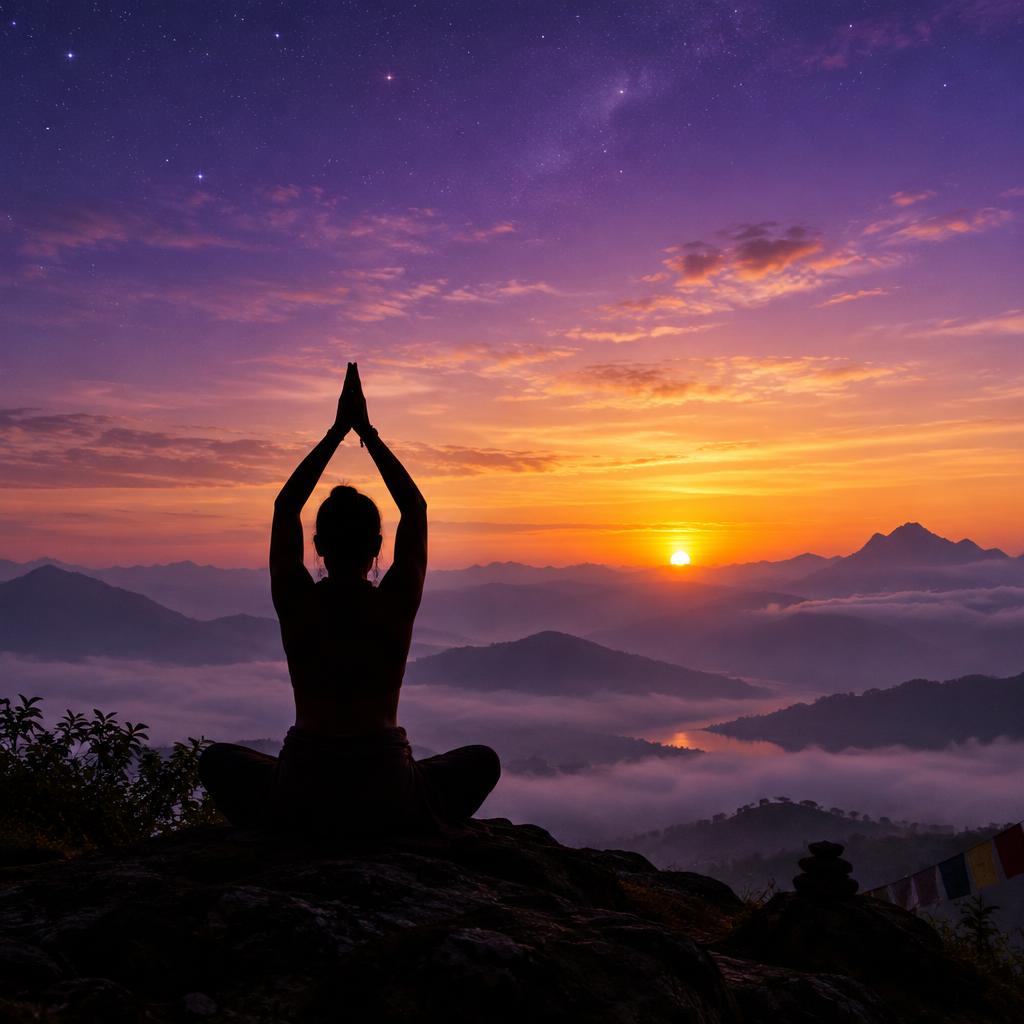 A practitioner greeting the sunrise with raised arms on a violet mountain morning