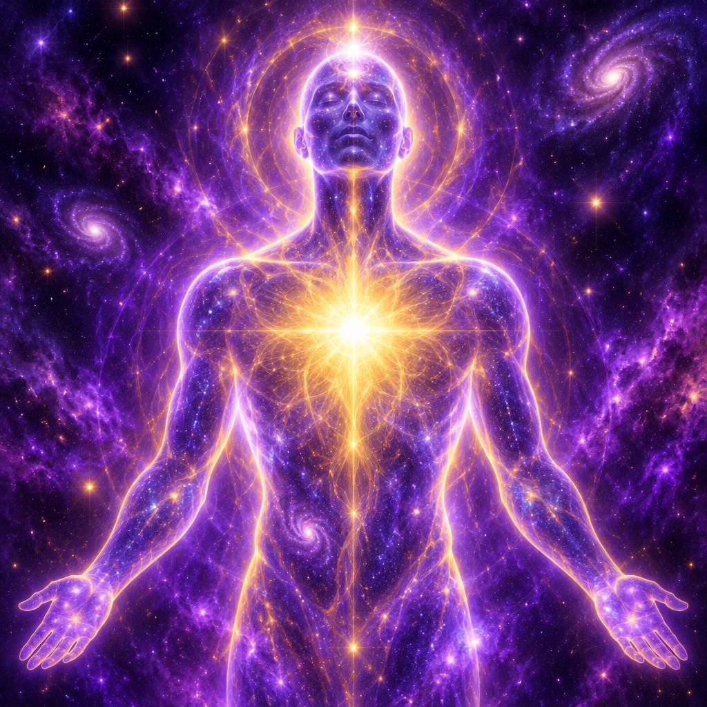 A radiant soul of golden light glowing within a cosmic human silhouette